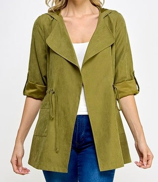 Roll up sleeve hooded coat with waist drawstring