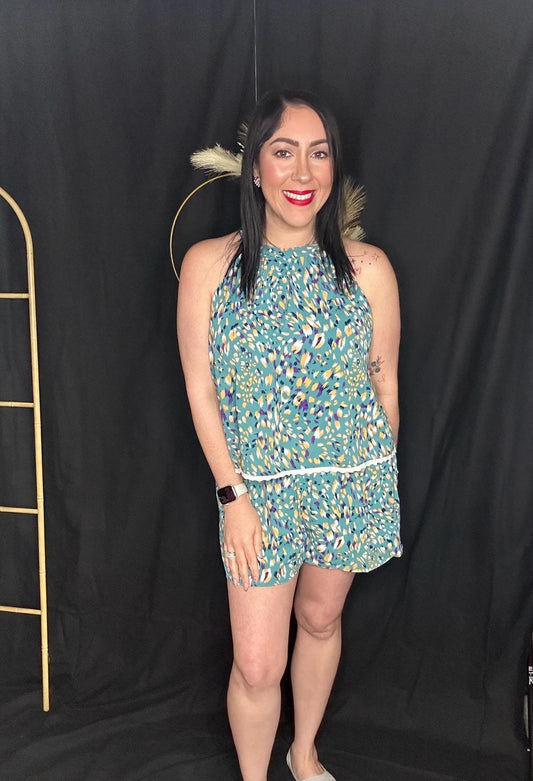 “Medellin” print halter neck romper